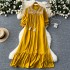 Artistic retro stand up collar tied lantern sleeve dress for women, loose and slimming, A-line concealing flesh, big swing ruffle edge long skirt