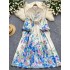 European and American retro court style printed dress, women's high-end sense, stand collar lantern sleeves, waist cinching, large swing long skirt