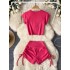 American casual sports yoga suit set sexy short slim fit t-shirt with drawstring high waist and hip hugging shorts two-piece set