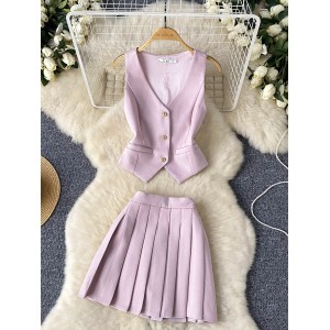 French style single breasted versatile split suit vest+high waisted pleated skirt two-piece set