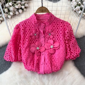 Niche Water soluble Lace Shirt for Women 2024 New Summer Style French Bubble Sleeve Aging Flower Versatile Short Sleeve Top