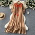 Artistic retro stand up collar tied lantern sleeve dress for women, loose and slimming, A-line concealing flesh, big swing ruffle edge long skirt