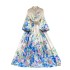 European and American retro court style printed dress, women's high-end sense, stand collar lantern sleeves, waist cinching, large swing long skirt