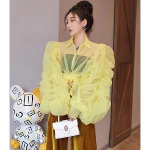 Loose design, fashionable Western style, pleated big bubble long sleeved shirt, exaggerated long style, organza personalized top for women