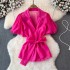 2024 Summer New Fashionable Korean Sweet Bubble Chiffon Shirt Women's Strap up Bow Waist Suit Collar Top