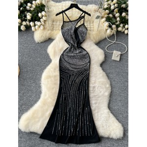 Sexy socialite party evening dress with female design sense, hollowed out hanging neck, heavy-duty hot drilling, slim fit mesh, fishtail dress