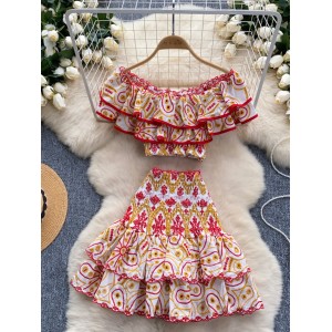 Hollow embroidery two-piece set of female sexy one shoulder lotus leaf edge waist exposed top+high waist fluffy skirt