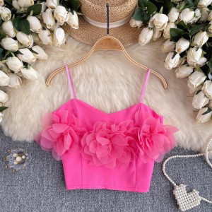 French style dress, vest top, women's vacation shirt, sweet and spicy girl atmosphere, three-dimensional flower suspender short top