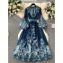 2024 early spring new French high-end one-piece lace up waist cinching printed dress for women, light luxury elegant long skirt