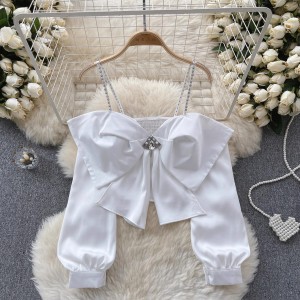 European court style shirt for women, high-end light luxury with diamond inlaid suspender, sexy off shoulder design, bow tie short top