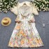 European and American retro court style printed dress, women's high-end sense, stand collar lantern sleeves, waist cinching, large swing long skirt