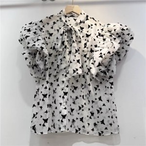 2024 summer clothing new niche design bow loose shirt sexy lady bubble sleeves short sleeved chiffon shirt