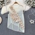 Internet celebrity's 2024 summer new item, niche socialite, three-dimensional flower design, mesh transparent V-neck vest