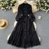 French retro elegant dress for women, featuring hollowed out lace patchwork stand up collar, single breasted long sleeved waist cinching dress