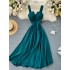 2020 new design sense careful machine V-neck backless retro solid color waist slimming long skirt women's dress