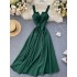 2020 new design sense careful machine V-neck backless retro solid color waist slimming long skirt women's dress