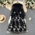 Autumn outfit new European and American style French Hepburn style temperament small black dress A-line heavy embroidery lace mesh dress