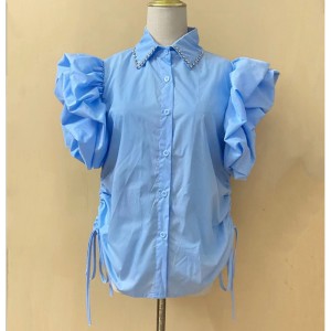 French heavy industry diamond inlaid ruffle edge splicing flying sleeve shirt women's pleated drawstring 2024 summer new short sleeved top