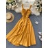 2020 new design sense careful machine V-neck backless retro solid color waist slimming long skirt women's dress