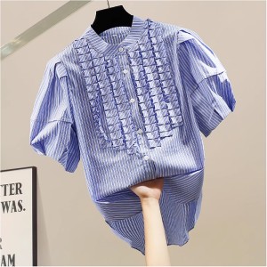 White spliced mushroom edge chiffon shirt for women's summer wear, new fashionable versatile shirt, short sleeved slimming high-end top