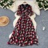 Light mature style western-style women's dress, summer new style, tied waist, V-neck short sleeved, temperament floral chiffon long skirt