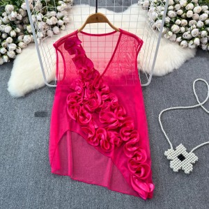 French style design three-dimensional flower V-neck sleeveless vest for women in summer, thin Korean style unique and chic top