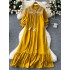 Artistic retro stand up collar tied lantern sleeve dress for women, loose and slimming, A-line concealing flesh, big swing ruffle edge long skirt