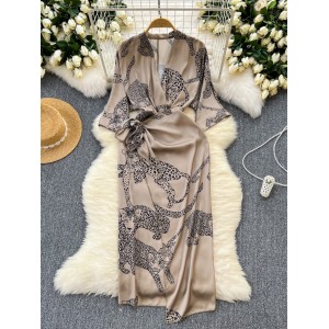 Commuter women's dress for summer 2024, new style for ladies, light and mature style lace up waist cinched satin printed skirt
