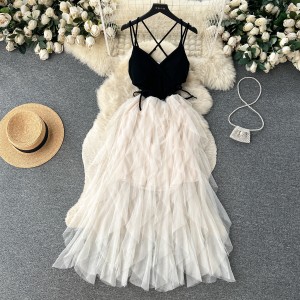 French style slim fit deep v sweet lady high waist long skirt super fairy cake beach skirt patchwork suspender dress