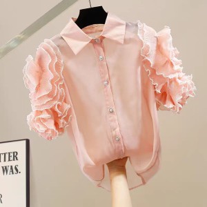 Heavy industry handmade beading, pleating, lotus leaf edge, three-dimensional plate flower splicing, short sleeved shirt, fashionable and stylish loose top, trendy