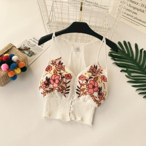 Bohemian ethnic style heavy industry embroidery flower V-neck backless waist cinched high waisted short top with exposed navel suspender for women