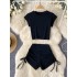 American casual sports yoga suit set sexy short slim fit t-shirt with drawstring high waist and hip hugging shorts two-piece set