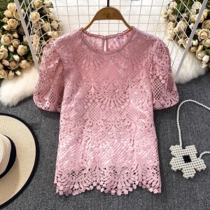 2024 Summer Retro Palace Style Bubble Short Sleeve Round Neck Hook Flower Hollow Loose Shirt Women's Western Style Top