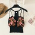 Bohemian ethnic style heavy industry embroidery flower V-neck backless waist cinched high waisted short top with exposed navel suspender for women