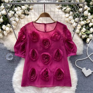 Romantic French high-end three-dimensional flower bubble sleeve shirt for women, niche, light luxury, chic, thin mesh top for summer