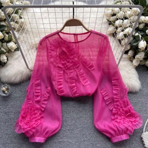 French heavy industry three-dimensional flower long sleeved shirt for women's spring and summer new style, sweet and loose, slimming and stylish thin chiffon shirt