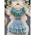 Hollow embroidery two-piece set of female sexy one shoulder lotus leaf edge waist exposed top+high waist fluffy skirt