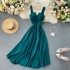 2020 new design sense careful machine V-neck backless retro solid color waist slimming long skirt women's dress