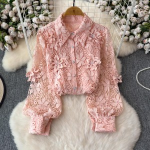 Niche water-soluble lace shirt for women 2024 new summer outfit, French lantern sleeves, anti-aging flowers, versatile long sleeved top