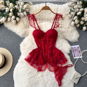 Summer sexy retro western-style spicy girl pure desire wind lace mesh ruffle edge waist wrapped chest suspender dress