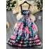 European and American vacation printed dress, women's summer design, wave edge splicing, waist cinching, slimming effect, large swing suspender long skirt