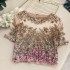 2020 runway runway socialite temperament embroidery nail bead bling glitter short sleeved see through T-shirt top