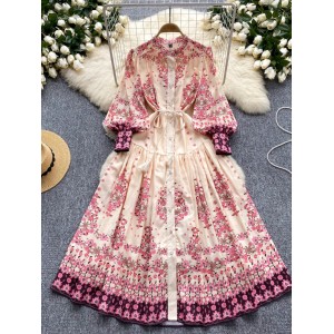 2024 new vacation style dress for women, European and American retro lantern sleeves, single breasted waist cinched pleated printed long skirt