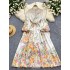 European and American retro court style printed dress, women's high-end sense, stand collar lantern sleeves, waist cinching, large swing long skirt