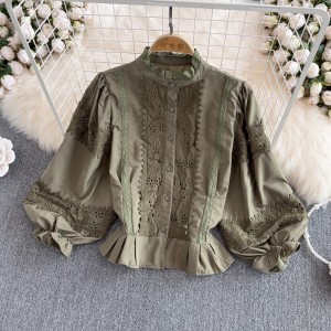 Retro court style stand up collar single breasted lace lace lace patchwork loose lantern sleeve shirt women's western-style waist cinching top