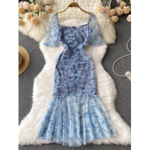 Super fairy, sweet and high-end temperament, thin mesh floral dress, children's summer waist bag, buttocks, fish tail long skirt