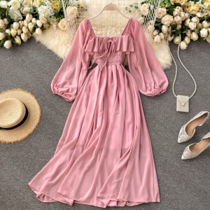 Chic Gentle Wind Dress Autumn 2020 New Women's French Retro Square Neck Western Style Bubble Sleeve Chiffon Skirt