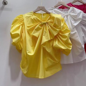 2024 Summer New Fashionable and Stylish Solid Color Versatile Folded Bow Split Bubble Sleeve Shirt Women's Top Trendy