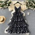 High end dress, long skirt, women's three-dimensional flower V-neck suspender, waist cinching multi-layer ruffle edge polka dot suspender dress