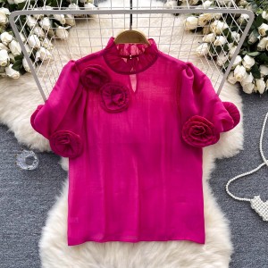 French style shirt for women with a high-end feel, three-dimensional flower bubble sleeves, versatile mesh shirt, niche and unique thin top, trendy